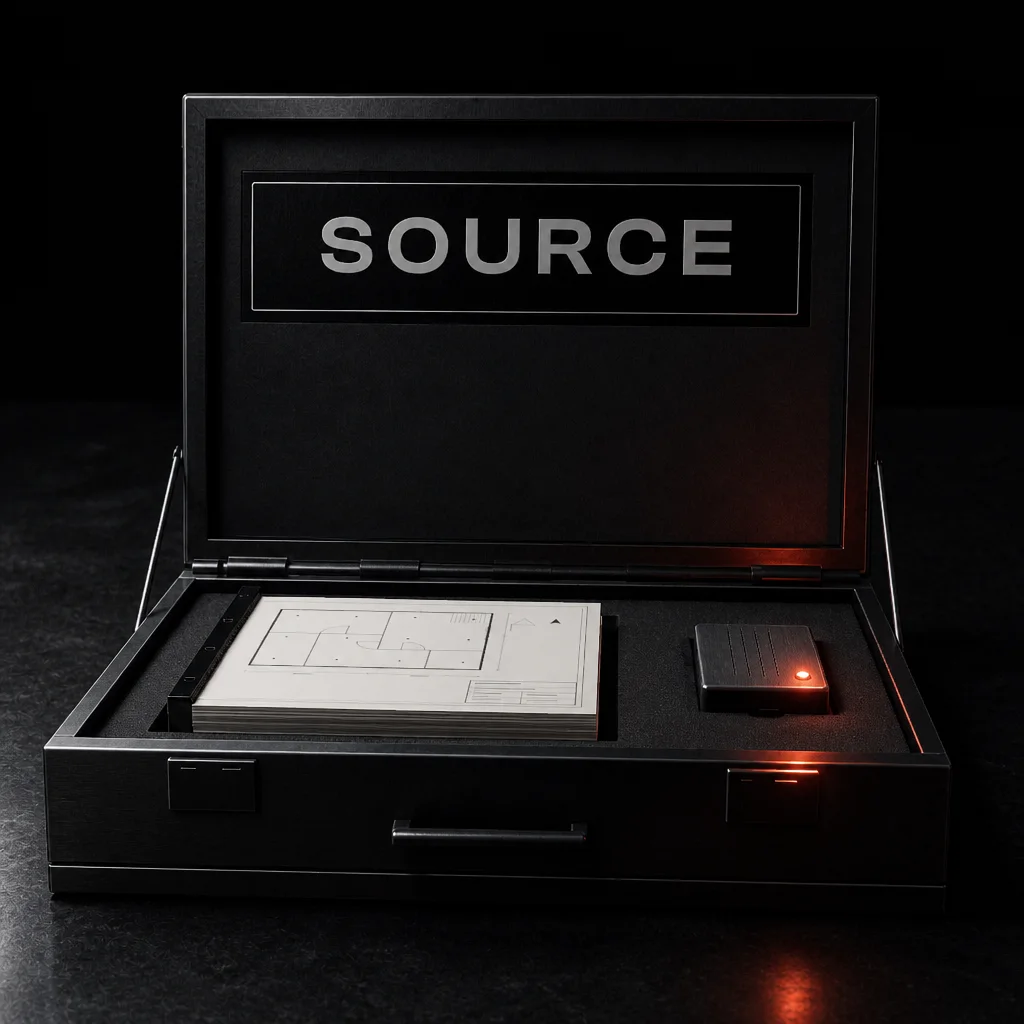 An open steel case with an engraved plate reading SOURCE, holding a bound set of drawings and a small storage drive with an ember status lamp