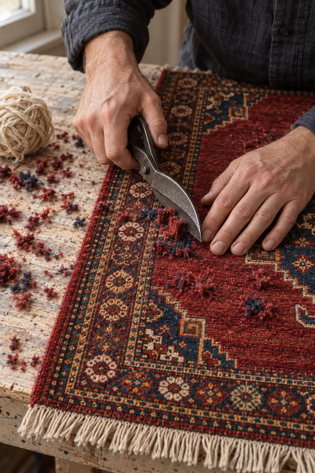 Two hands evening the pile of a rug with curved shears on a timber bench, clipped wool curling beside them