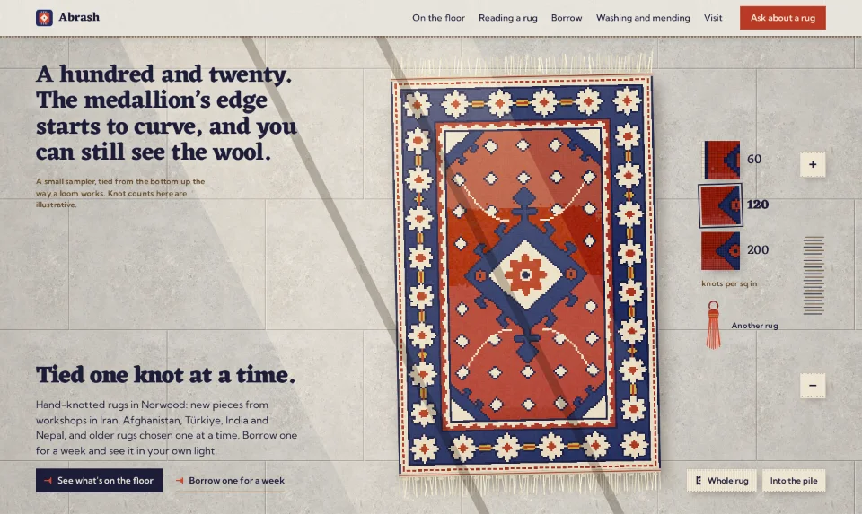 The front page: a rug half tied on a pale limestone floor, the headline small beside its fringe