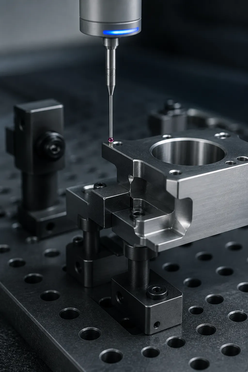 A ruby-tipped CMM touch probe resting on the edge of a machined stainless steel block held in a modular fixture