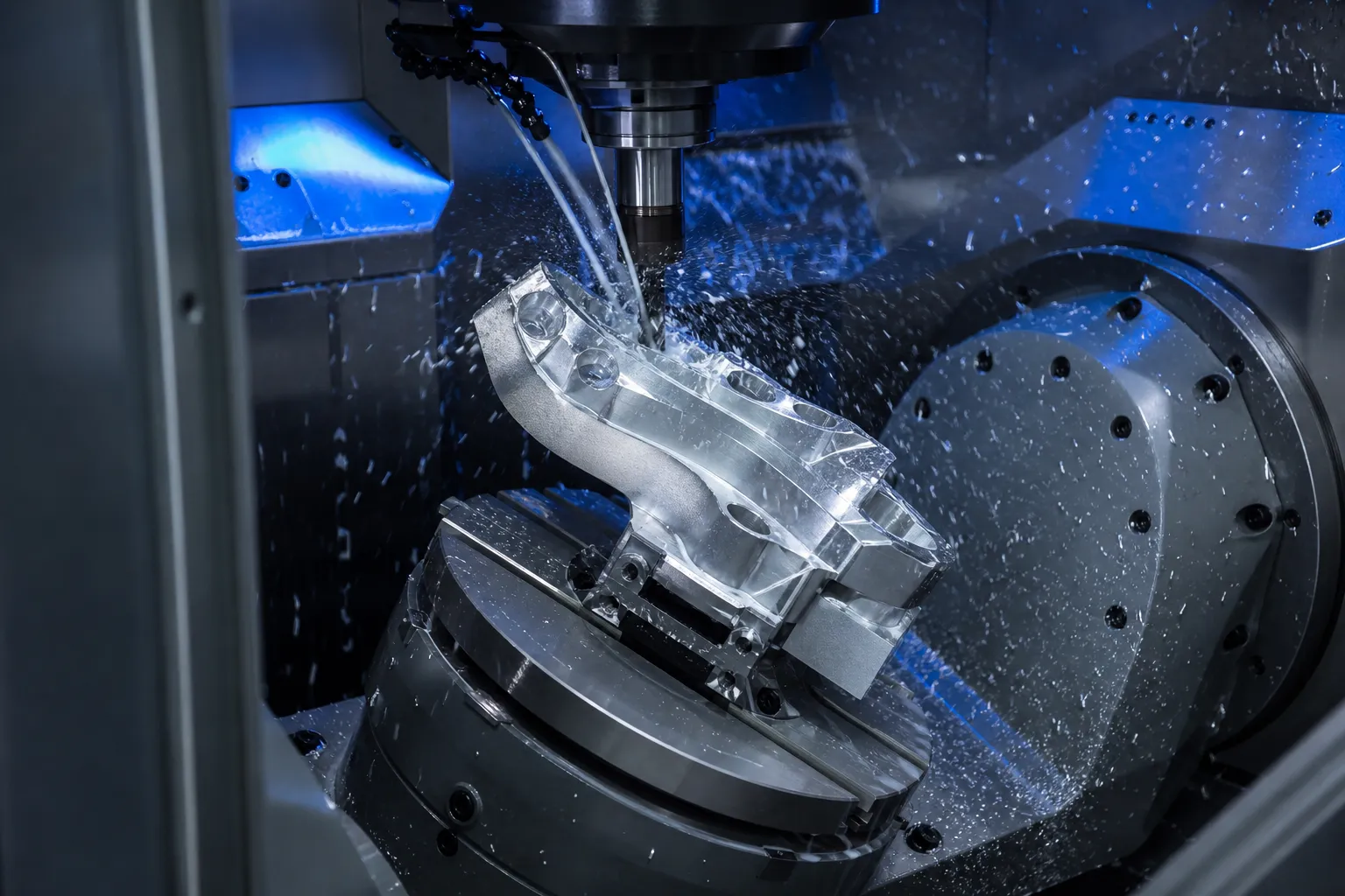 A five-axis CNC mill cutting an aluminium bracket on a tilted trunnion table, coolant spraying from the spindle