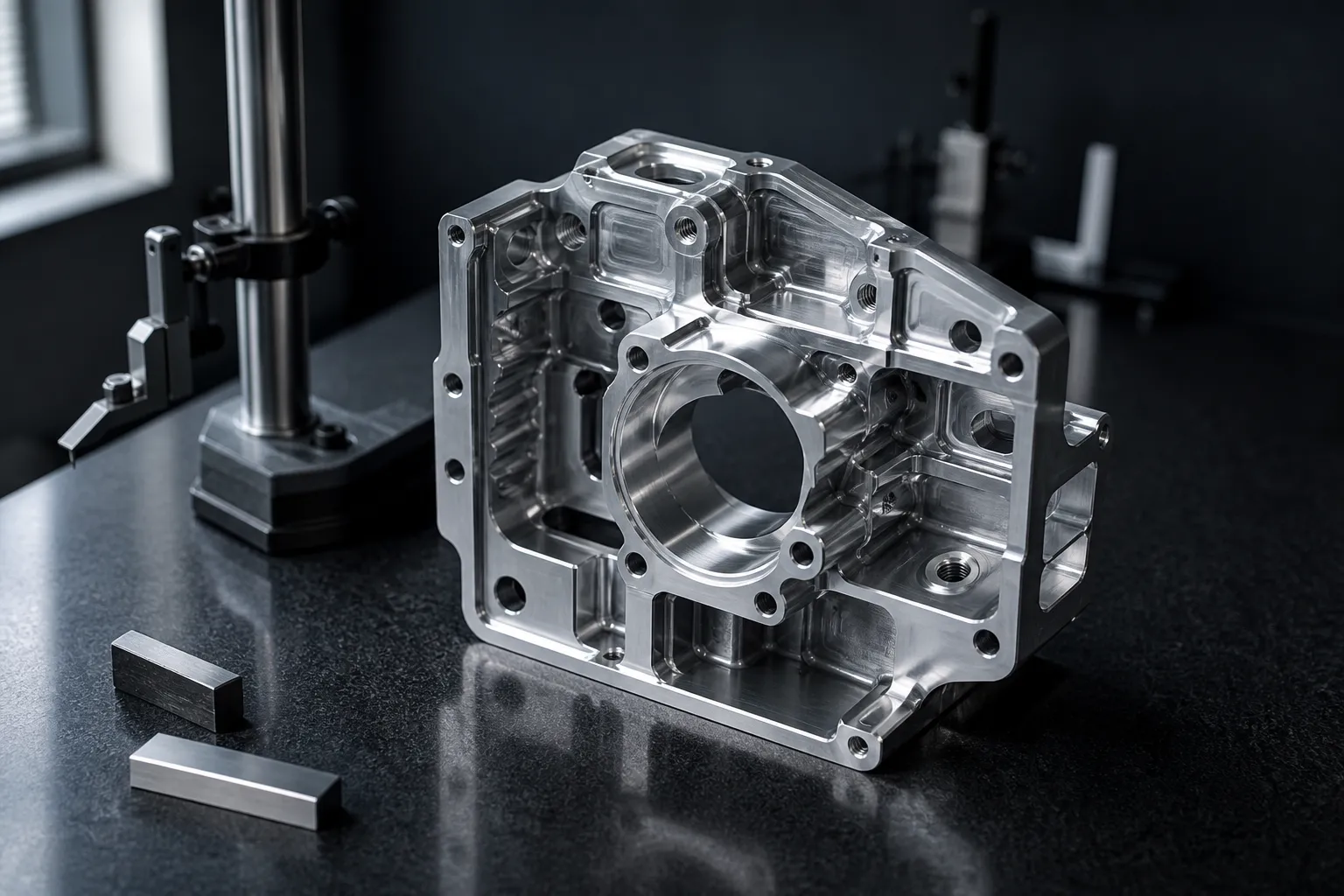 A finished machined aluminium housing on a black granite surface plate, with a height gauge and gauge blocks beside it