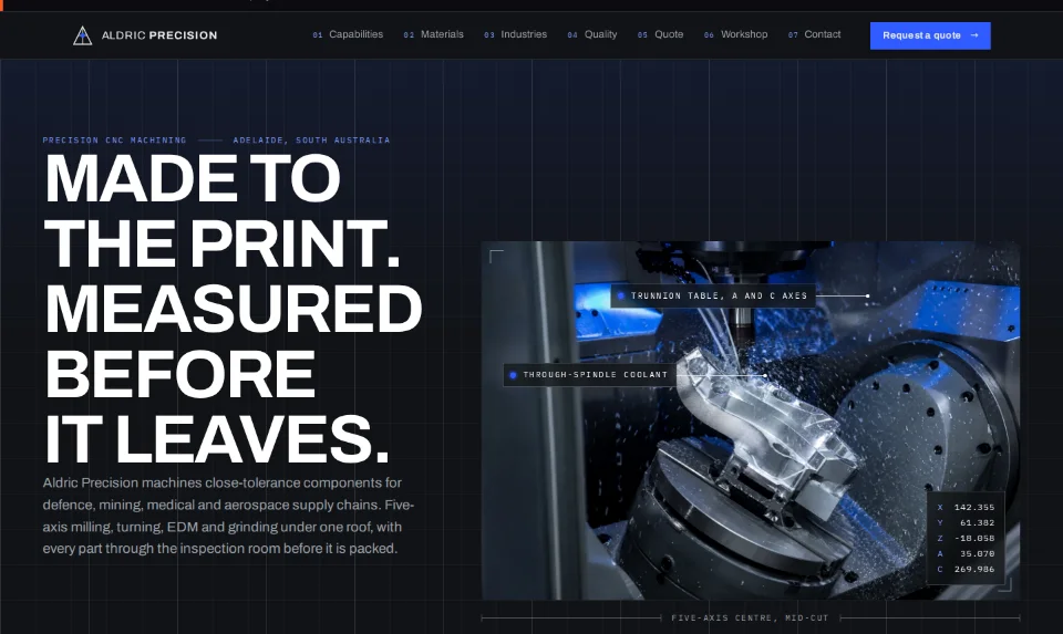 The Aldric Precision specimen as first seen: a concept build for a fictional business, designed and coded by Ozwebnet