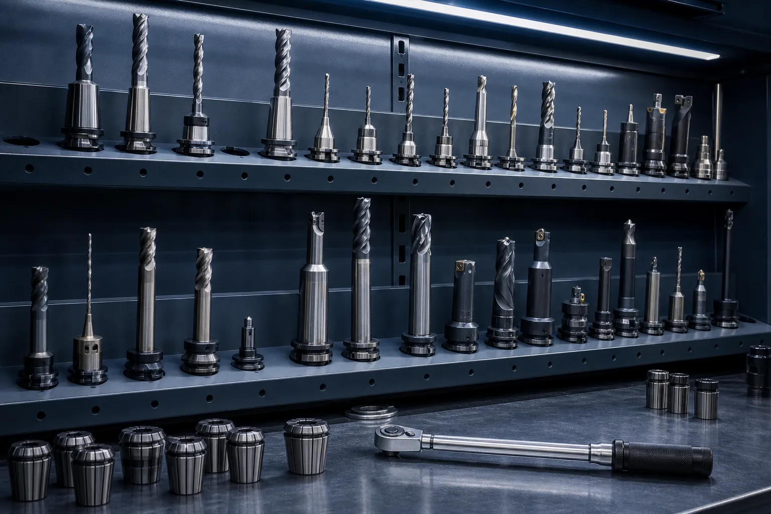 Two rows of CNC tool holders with end mills, drills and boring bars on a steel rack, collets and a torque wrench on the bench below
