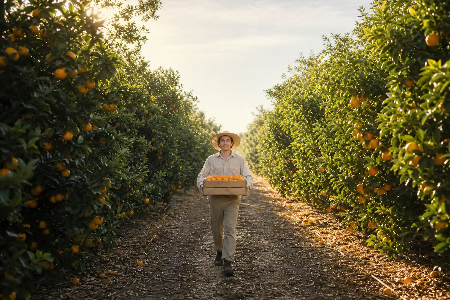 A young man in a wide hat carries a crate of oranges towards the camera down a row of citrus trees, backlit by morning sun.