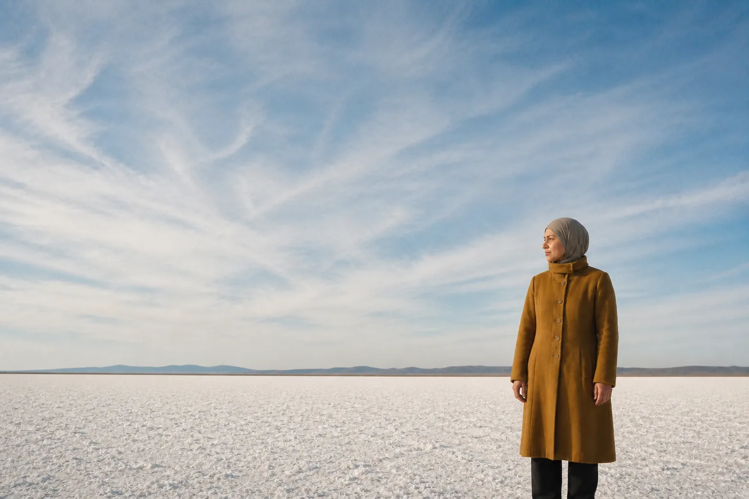 A woman in a mustard coat and grey headscarf stands on a white salt lake under a pale sky, looking away to the left: the frame as the camera recorded it, flat and grey.
