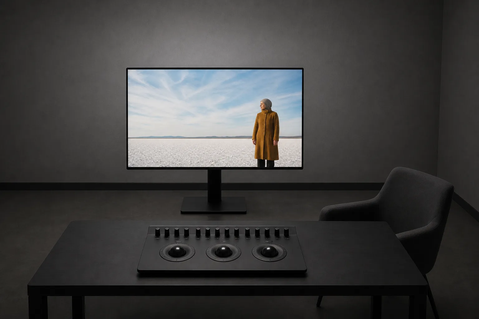 An empty grading room with grey walls: a monitor showing the salt-lake frame, a low desk with three trackballs, and a chair.
