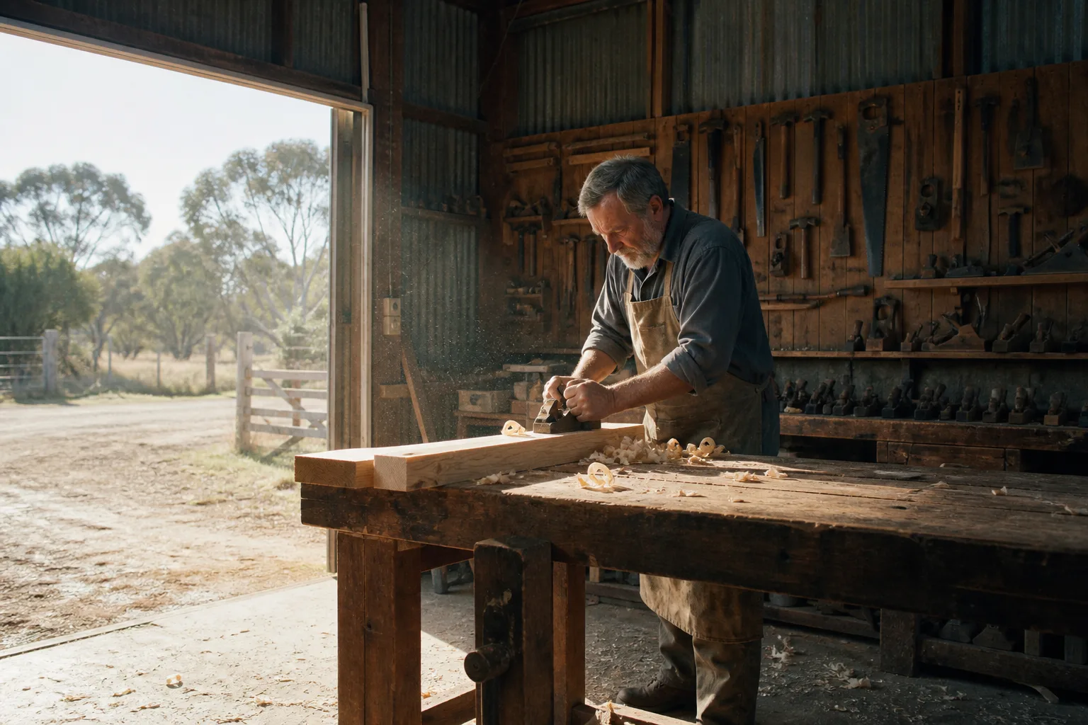 An older man in a canvas apron planes a length of timber at a bench inside an open shed, lit by the daylight from the door.
