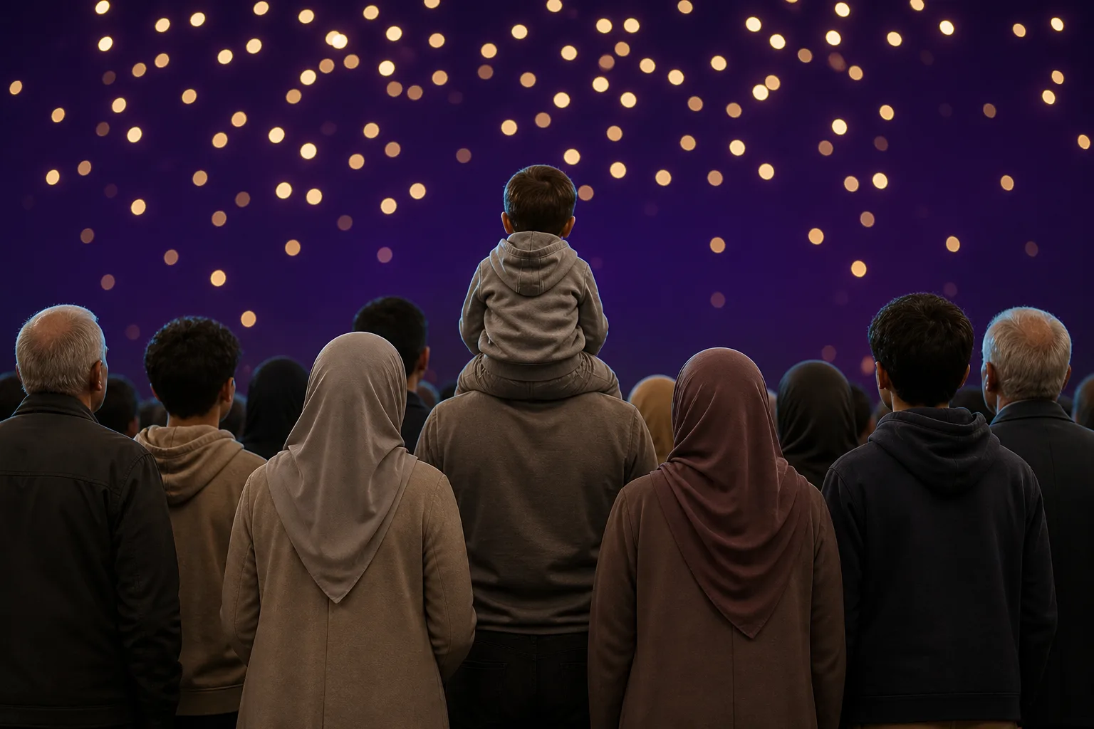 Families seen from behind, looking up together into a violet night sky scattered with soft points of warm light.