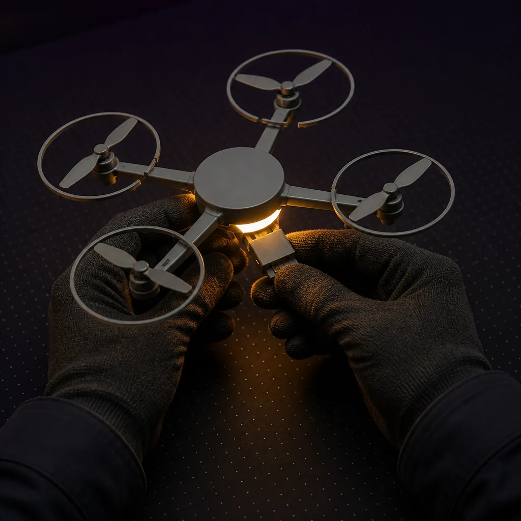 Gloved hands fitting a battery into a small drone on a dotted mat, lit by a warm lamp.