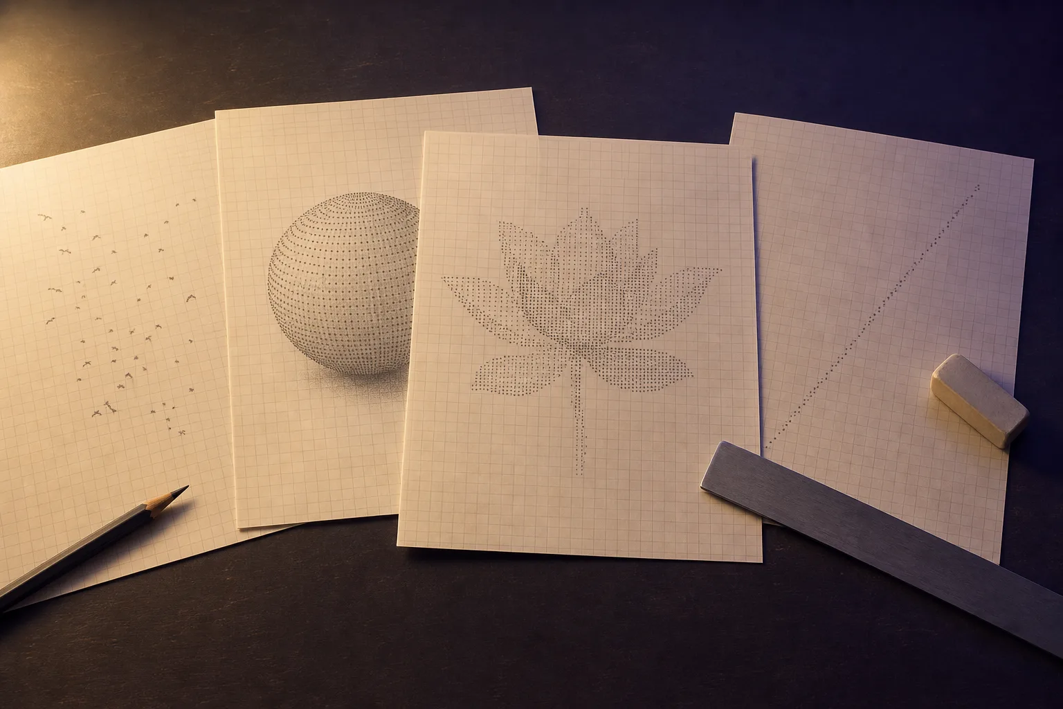 Storyboard sheets on a desk under a lamp, with shapes drawn in pencil dots: a sphere, a flower, a flock and a single line.