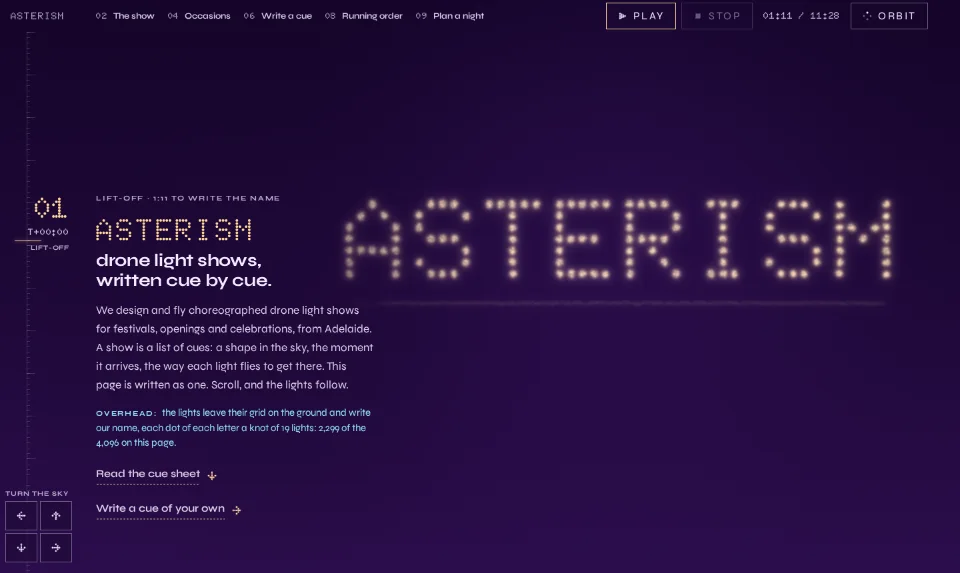 Asterism's front page: a violet sky where points of light spell the name in dot letters above a small cue sheet