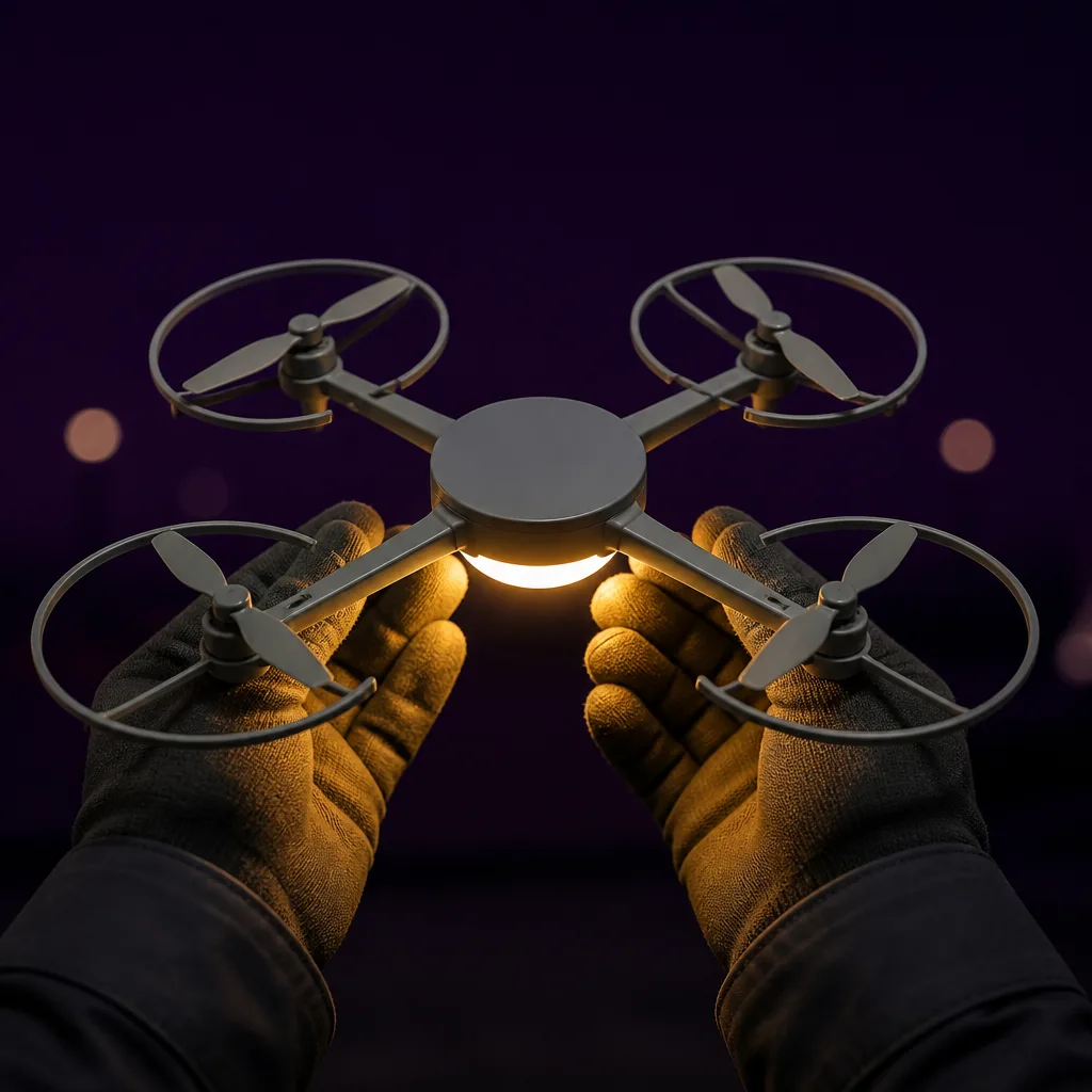 A small grey drone held level in two gloved hands, its single warm light glowing on the fingertips against a dark violet sky.