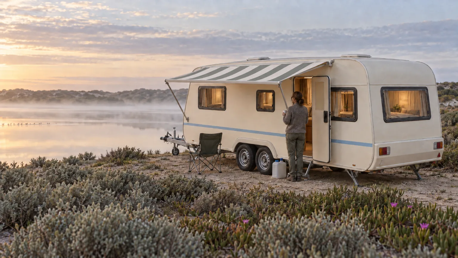 The caravan set up on a sandy rise beside the still Coorong, its grey-green striped awning out, someone at the door with a mug.