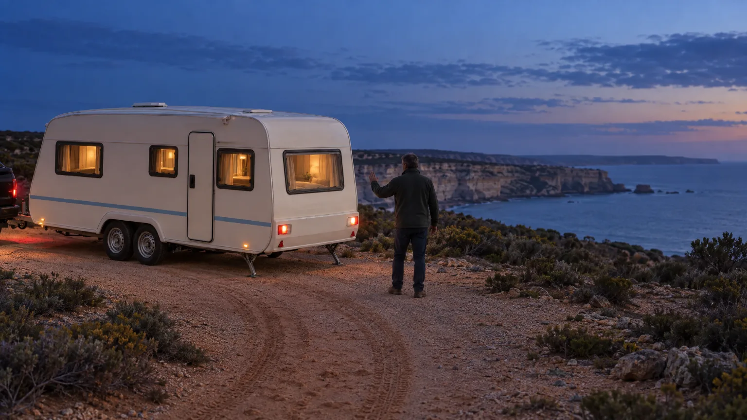 At dusk on the Eyre coast, a caravan being reversed into a clifftop campsite while someone guides with a raised hand.