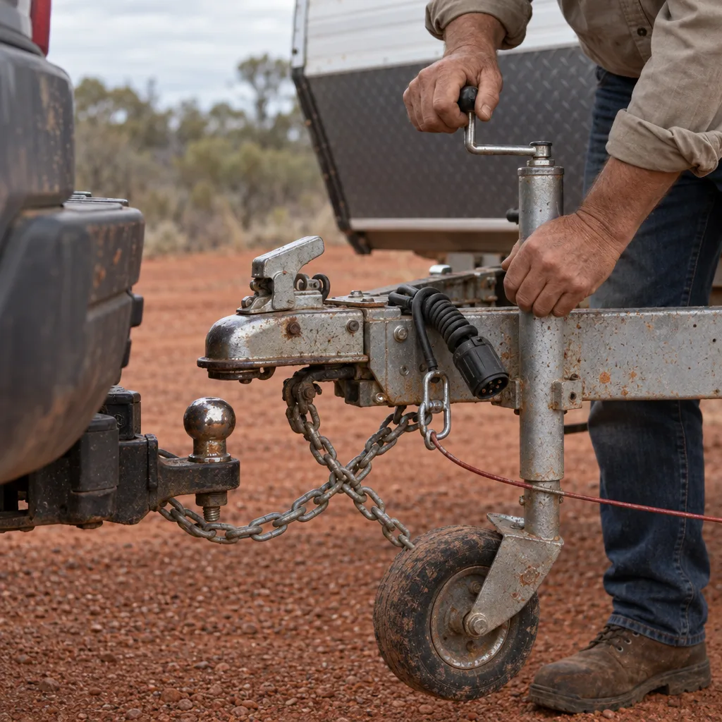 Hands winding a jockey wheel on a dusty drawbar, the coupling just above the tow ball and the safety chains crossed below.