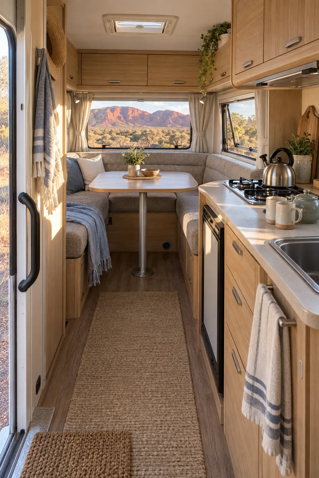 Inside the van in low sun: the rear dinette, a pale timber table, the galley and a kettle, red ranges out the window.