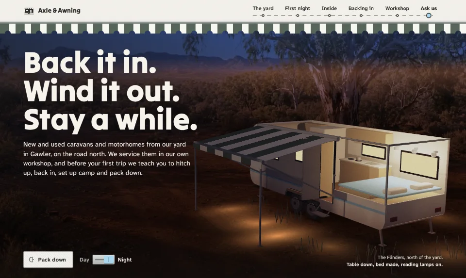 The front page: a cream caravan set up at dusk under a river red gum, lamps on inside, the headline in the sky above it