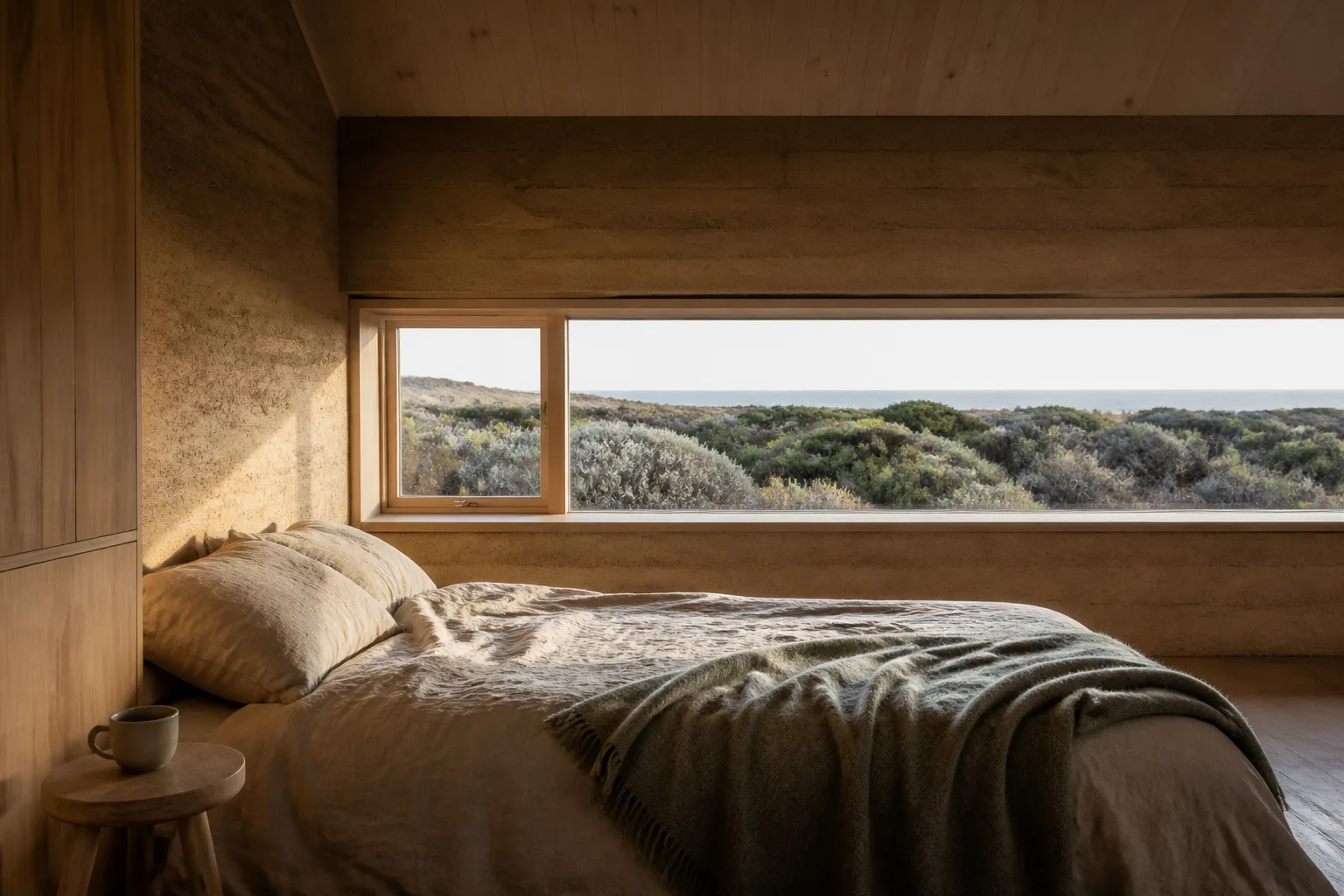 A low bedroom with rammed-earth walls and rumpled linen, a long window framing silver-green scrub and a strip of sea
