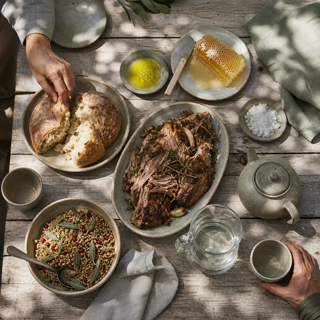 From above, a pale timber table in leaf shade: torn bread, green olive oil, honeycomb, sea salt, roast lamb, a grain salad, water and tea