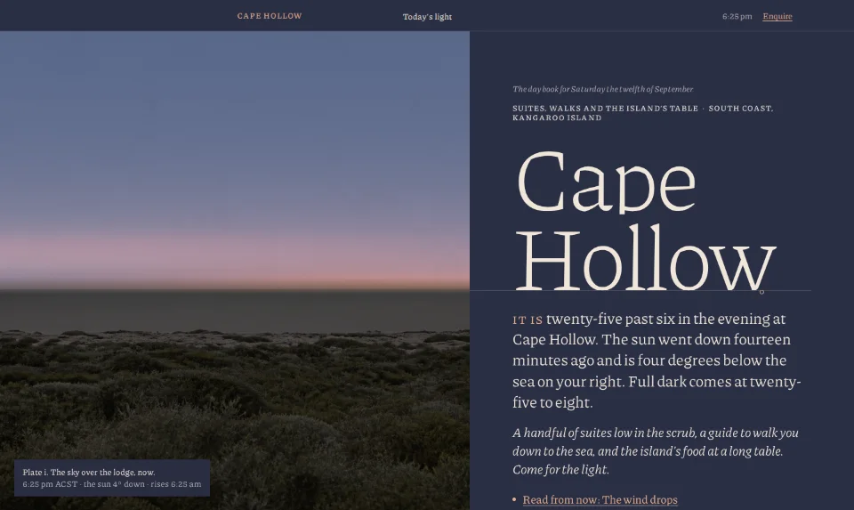 Cape Hollow's front page: a painted sky over coastal scrub and a grey-green sea, the name standing on the horizon in a light serif