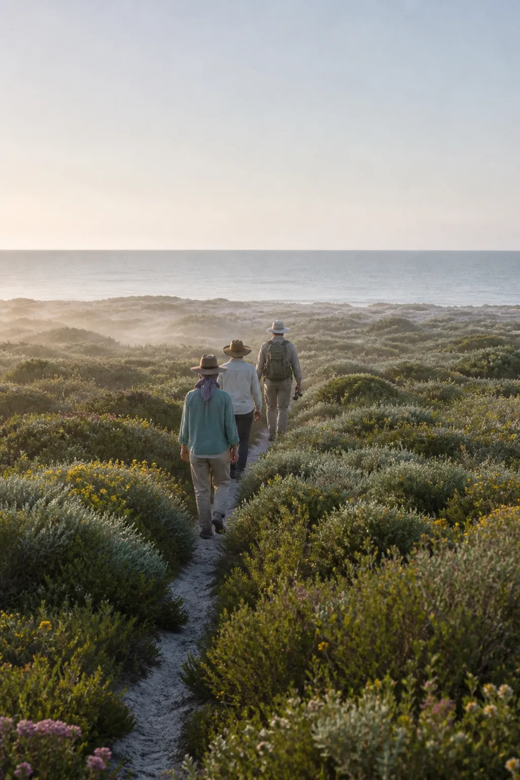 Three walkers in long sleeves and wide hats follow a guide along a sandy track through silver saltbush towards a misty sea