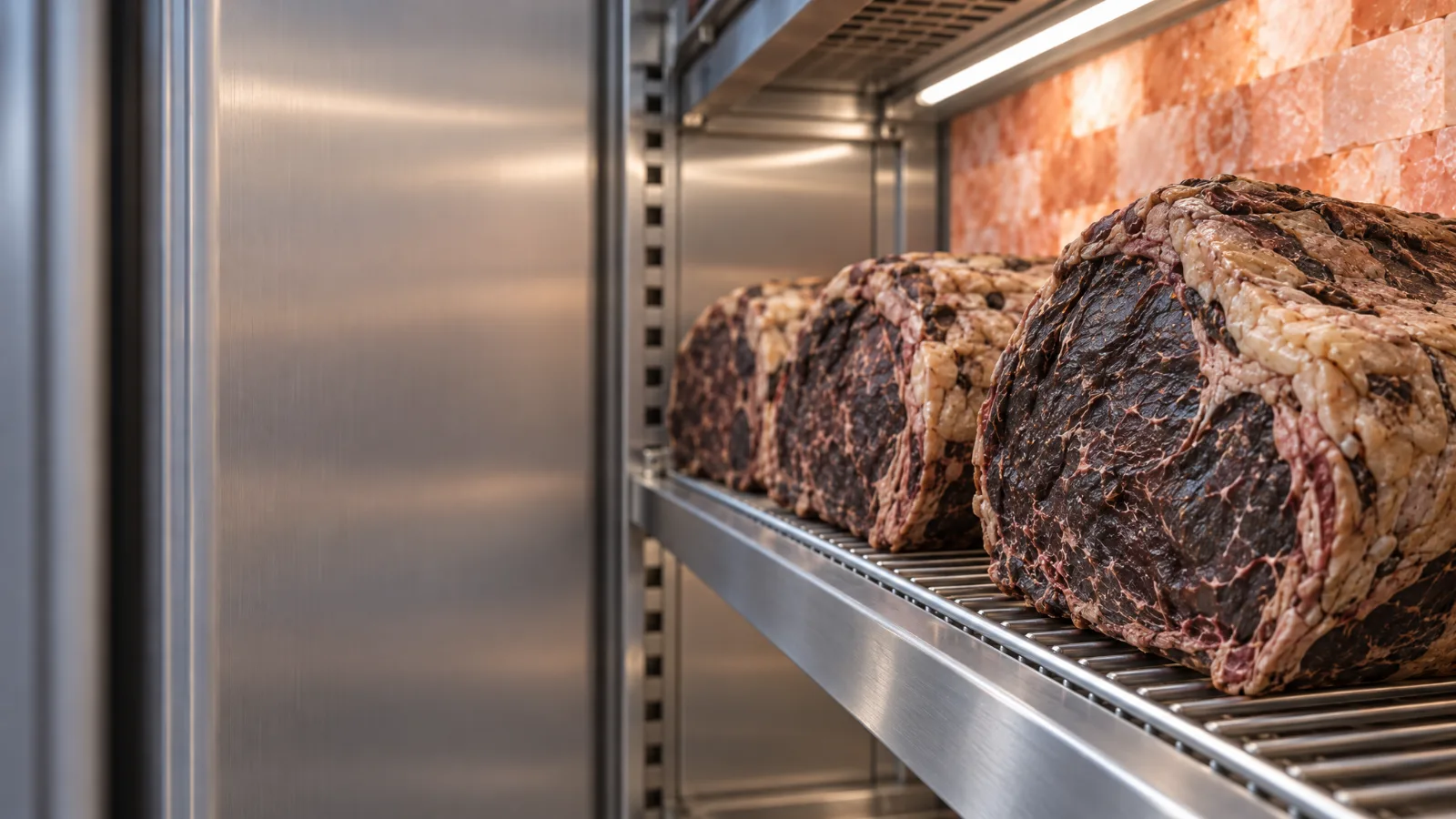 Whole loins lying end to end on a steel rack in the ageing cabinet, dark and dry outside after weeks in the cold, beside the cabinet&rsquo;s brushed steel wall