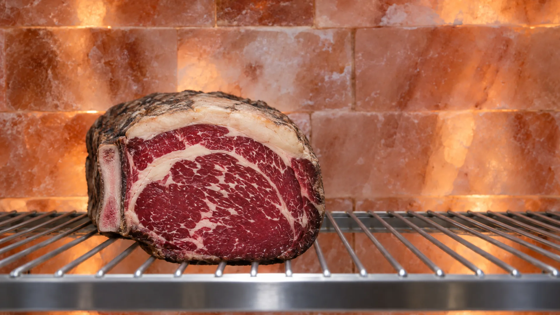 Inside the glass ageing cabinet: the cut end of a bone-in rib loin on a steel rack, its outside dark and dry, the cut face deep red with fine fat through it, in front of a wall of glowing pink salt blocks