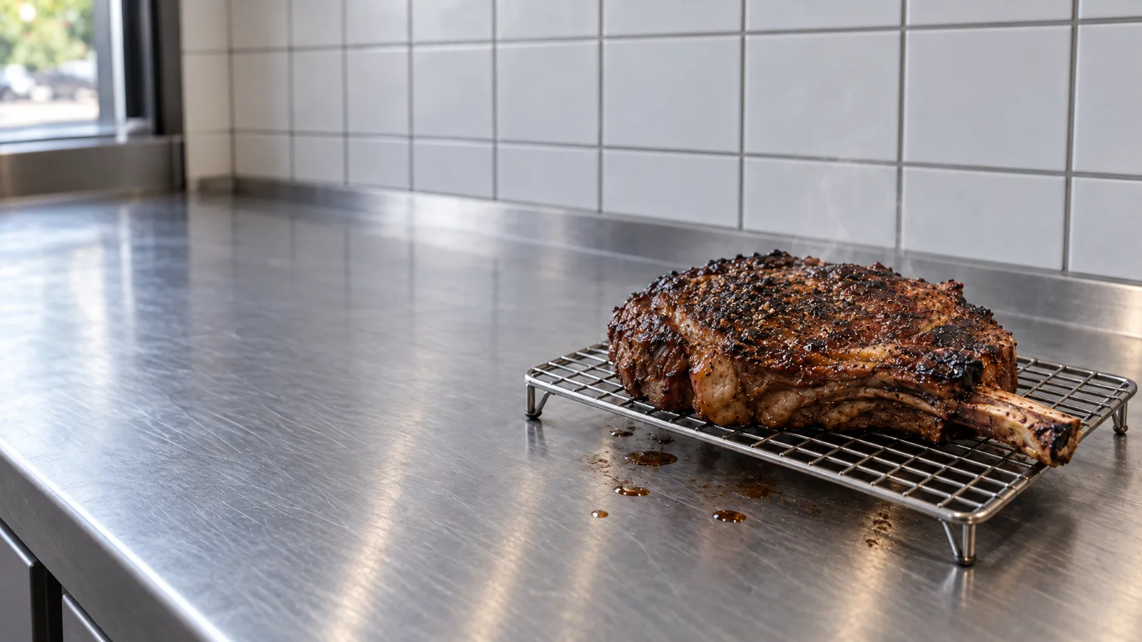 A rib-eye on the bone off the grill, resting on a small wire rack on the steel bench at the pass, a wisp of steam over it, white tiles behind