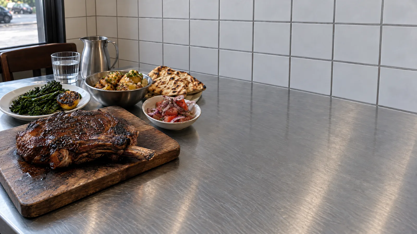 Lunch on a steel table by the white tiles: a rib-eye on the bone on a timber board, charred broccolini with a blackened lemon, crushed potatoes, flatbread from the grill, tomato and onion with sumac, and a glass of water