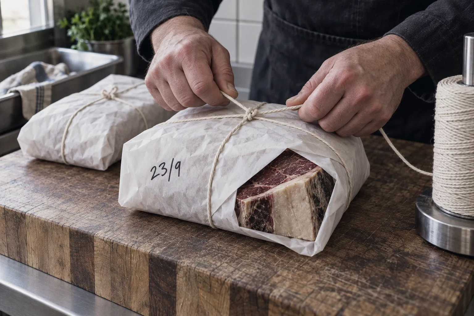 A butcher&rsquo;s hands pulling the twine tight on a parcel of aged beef wrapped in white paper, the day it left the glass written on the paper in black marker