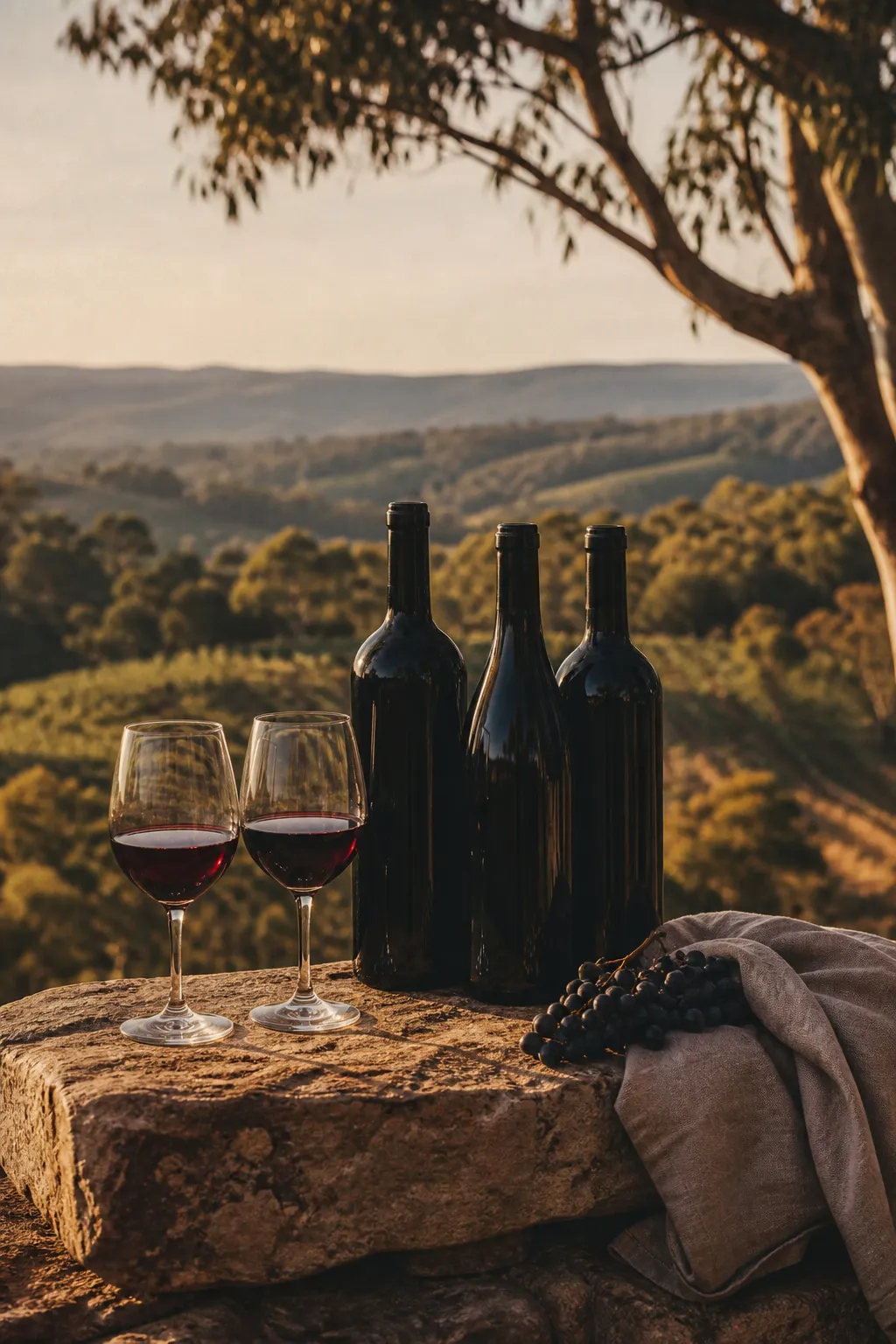 Three dark unlabelled bottles and two glasses of red wine on a sandstone table, with the valley falling away behind