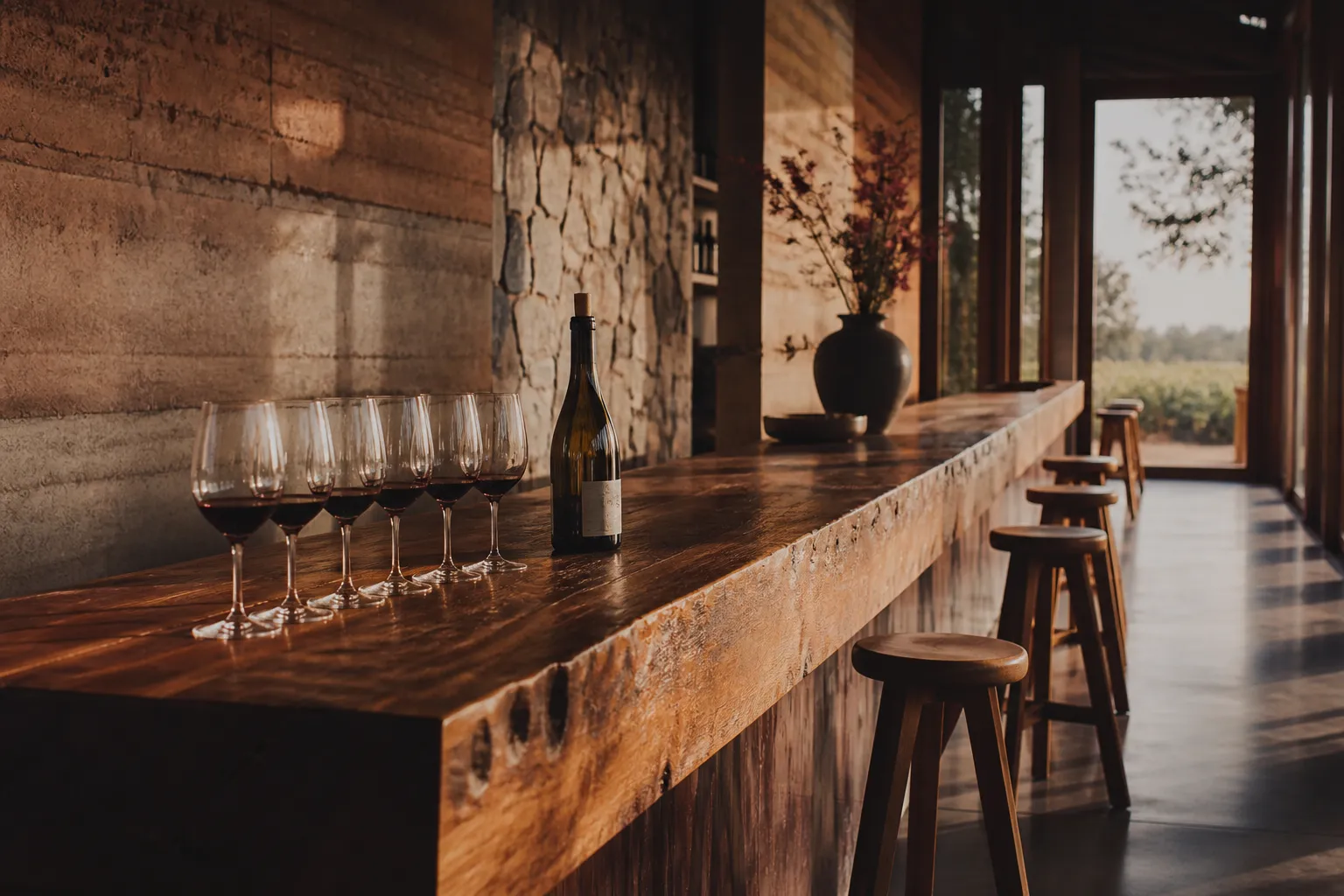 The cellar door interior: a long timber bar against rammed-earth and stone walls, glasses set out, the vineyard visible through tall windows