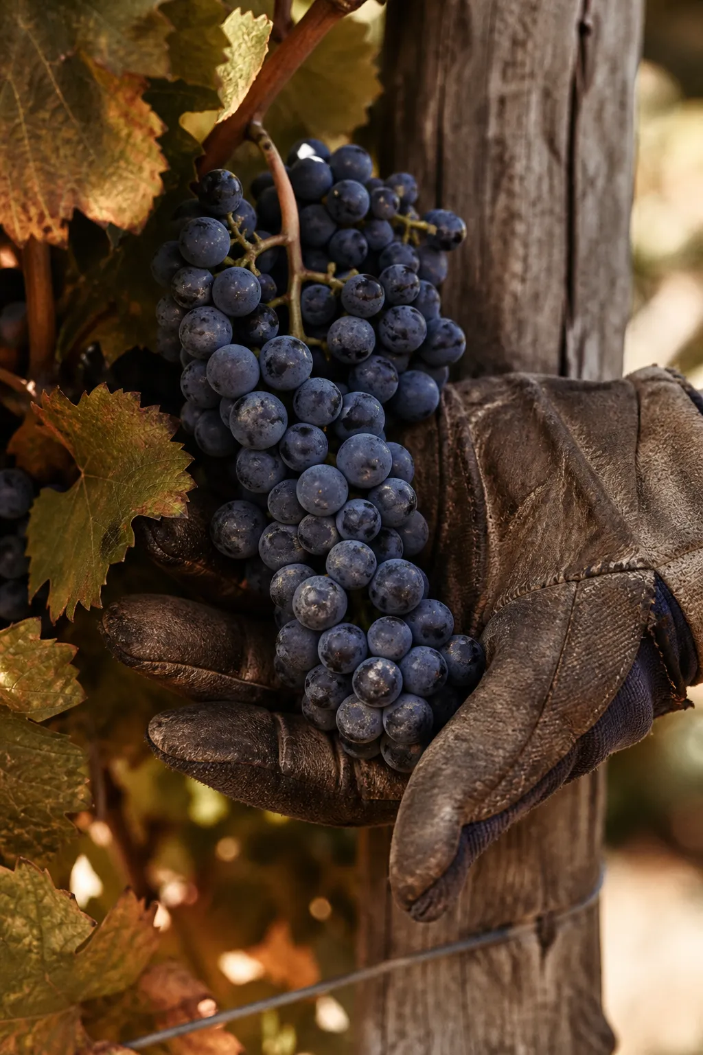 A gloved hand holding a bunch of dark grapes on the vine beside a weathered trellis post