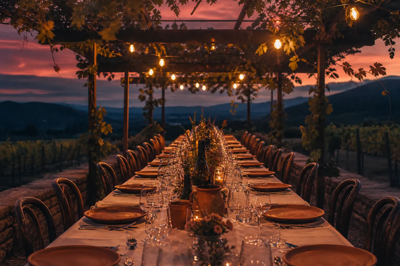 A long dining table set with linen and terracotta plates under a pergola of vines at dusk, festoon lights glowing and the hills darkening beyond