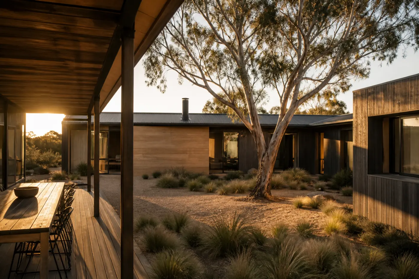 The Crafers courtyard house at golden hour, timber and rammed-earth wings around a gravel courtyard with a single gum tree