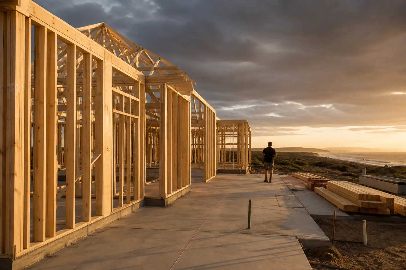Timber wall frames and trusses standing on a slab at golden hour, with dunes and the sea beyond the site