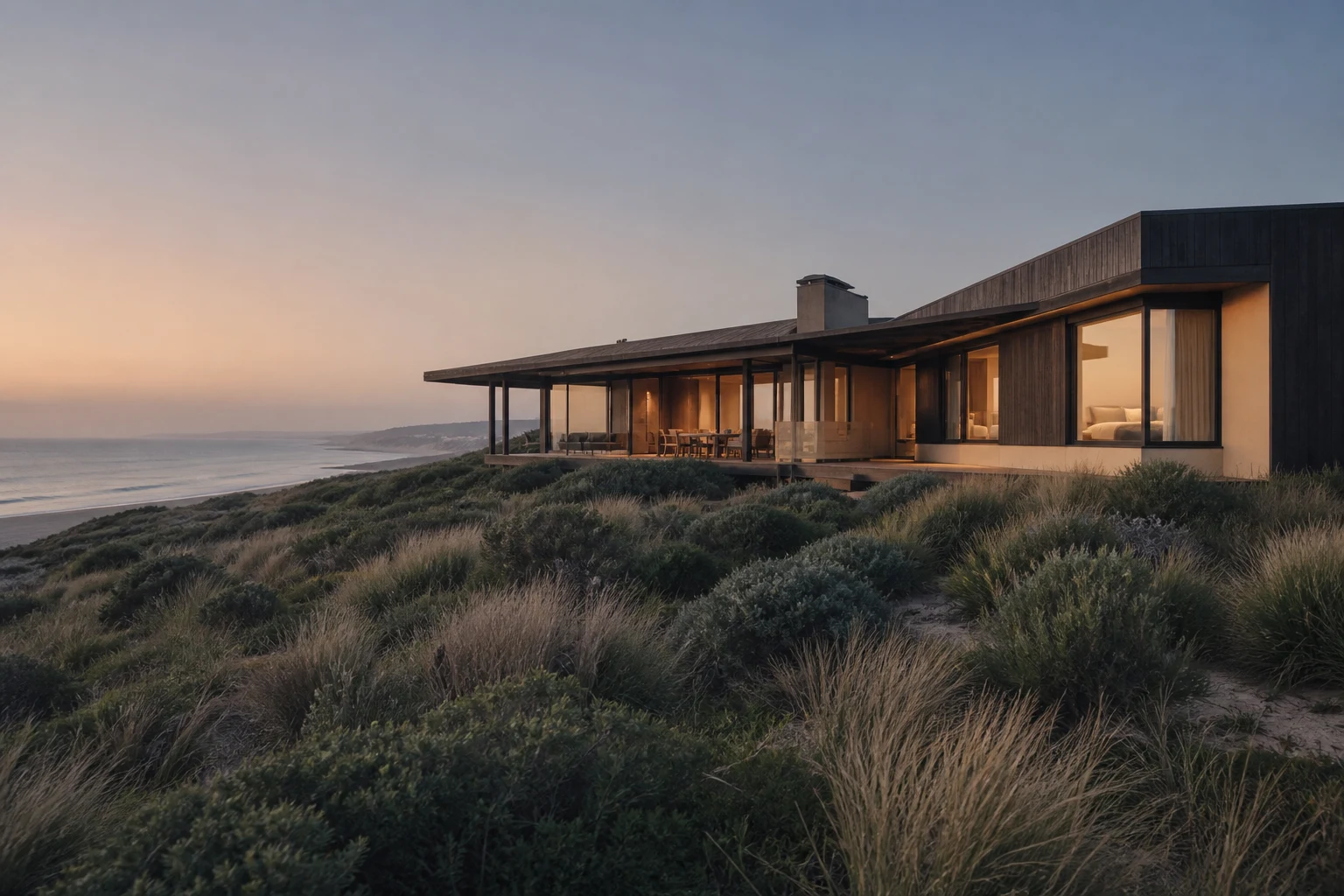 A long, low coastal home of charcoal timber and warm render glowing at dusk on a dune above a quiet beach