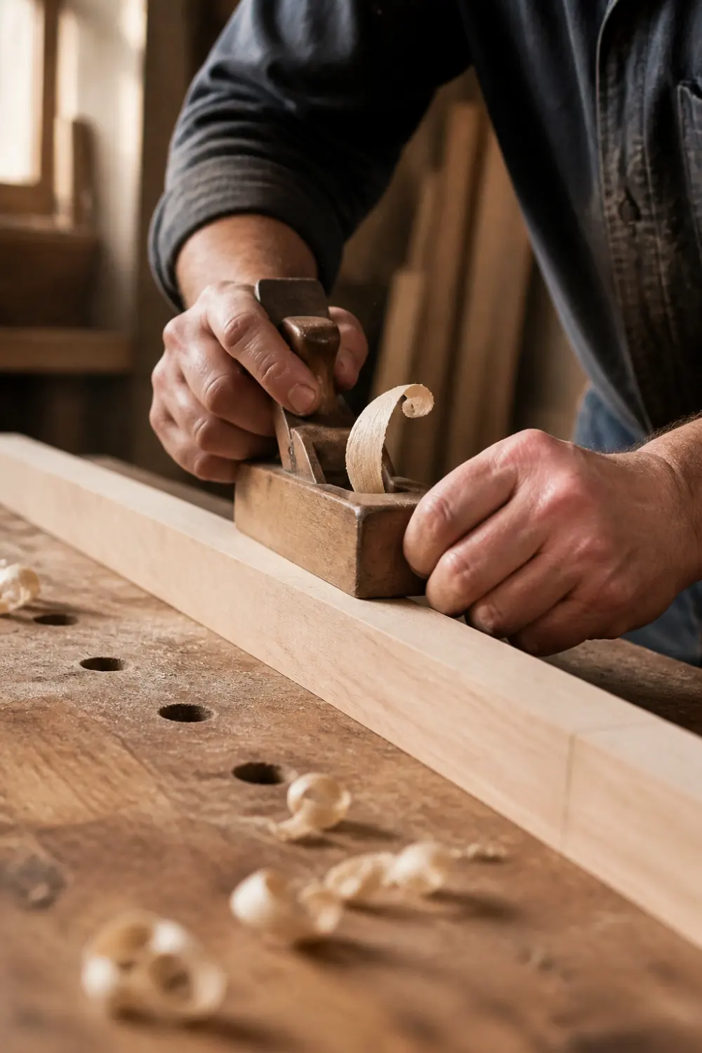 Hands guiding a wooden plane along a board of pale hardwood, a curl of shaving lifting from the blade