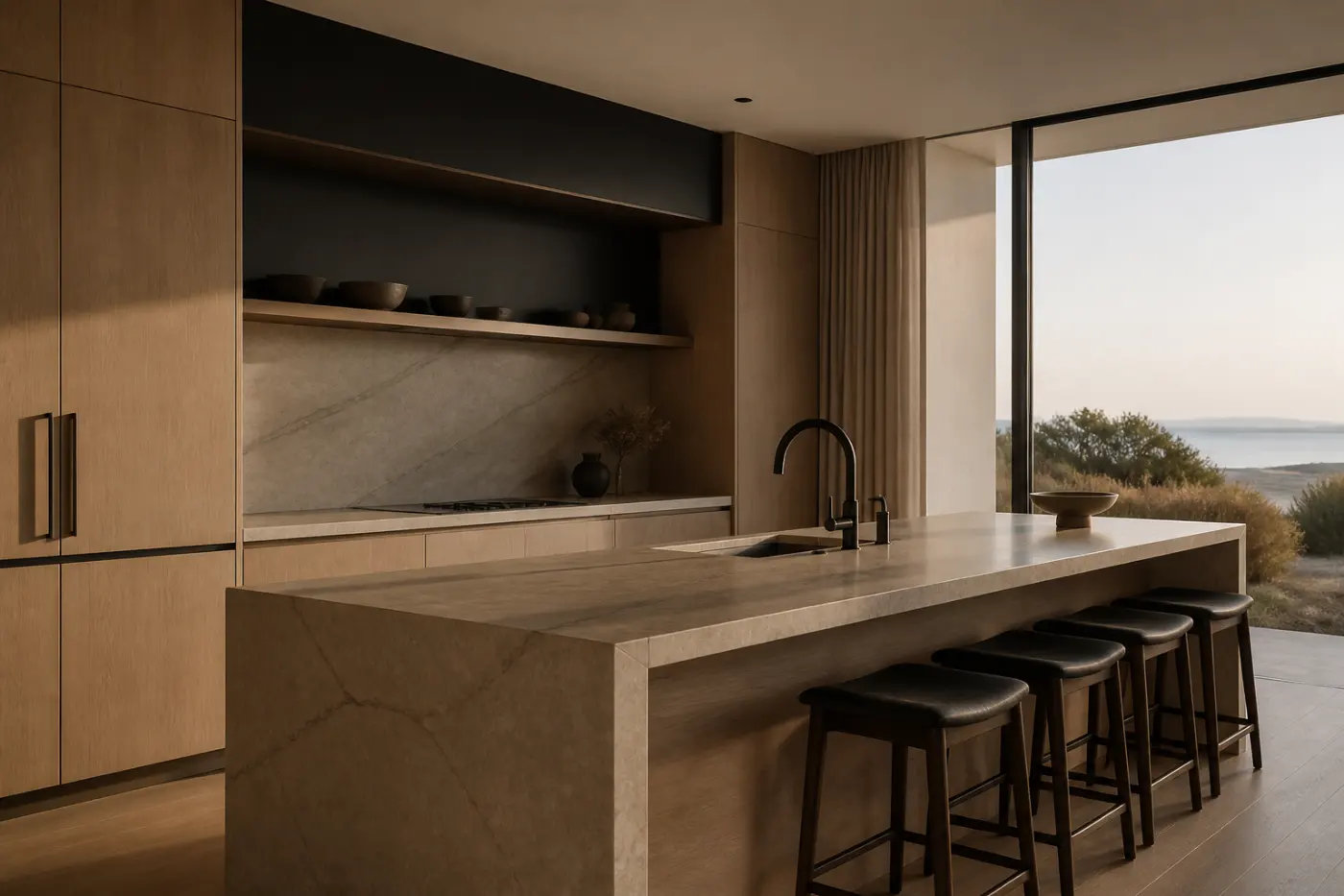 The kitchen of the Carrickalinga bluff house, a long stone island and pale oak joinery with the sea beyond the window