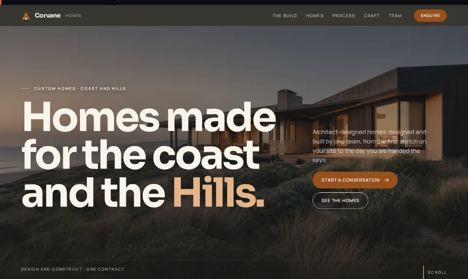 Corvane Homes' front page: 'Homes made for the coast and the Hills' over a coastal house at dusk