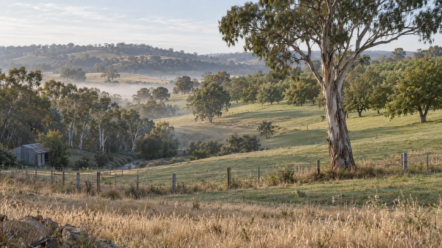 Paddocks of green and gold near Mount Barker, a big river red gum, apple trees heavy with fruit on the slope and mist in the valley.