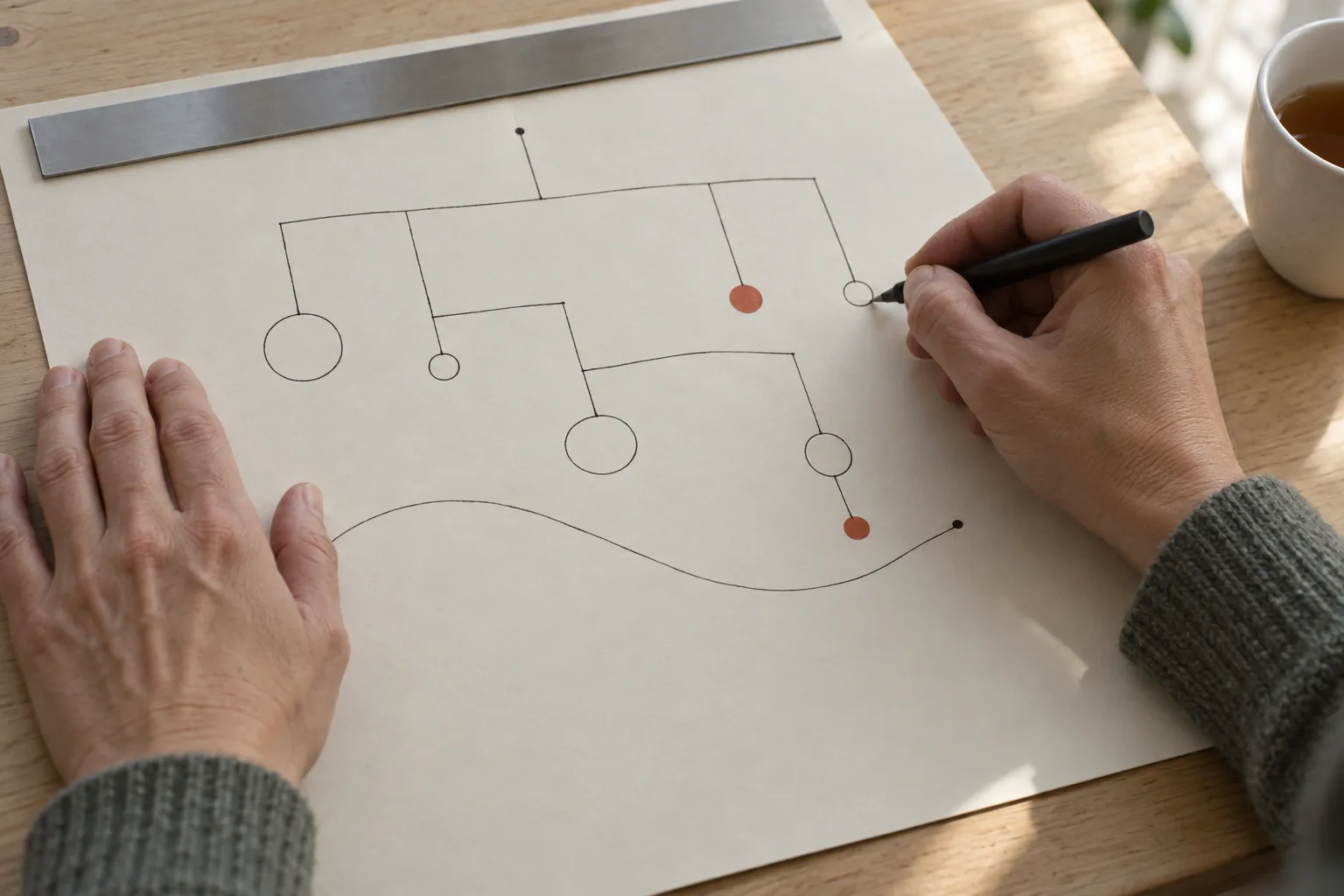 Hands with a pen over a hand-drawn sketch of balanced lines and circles, a steel ruler along the top of the sheet.