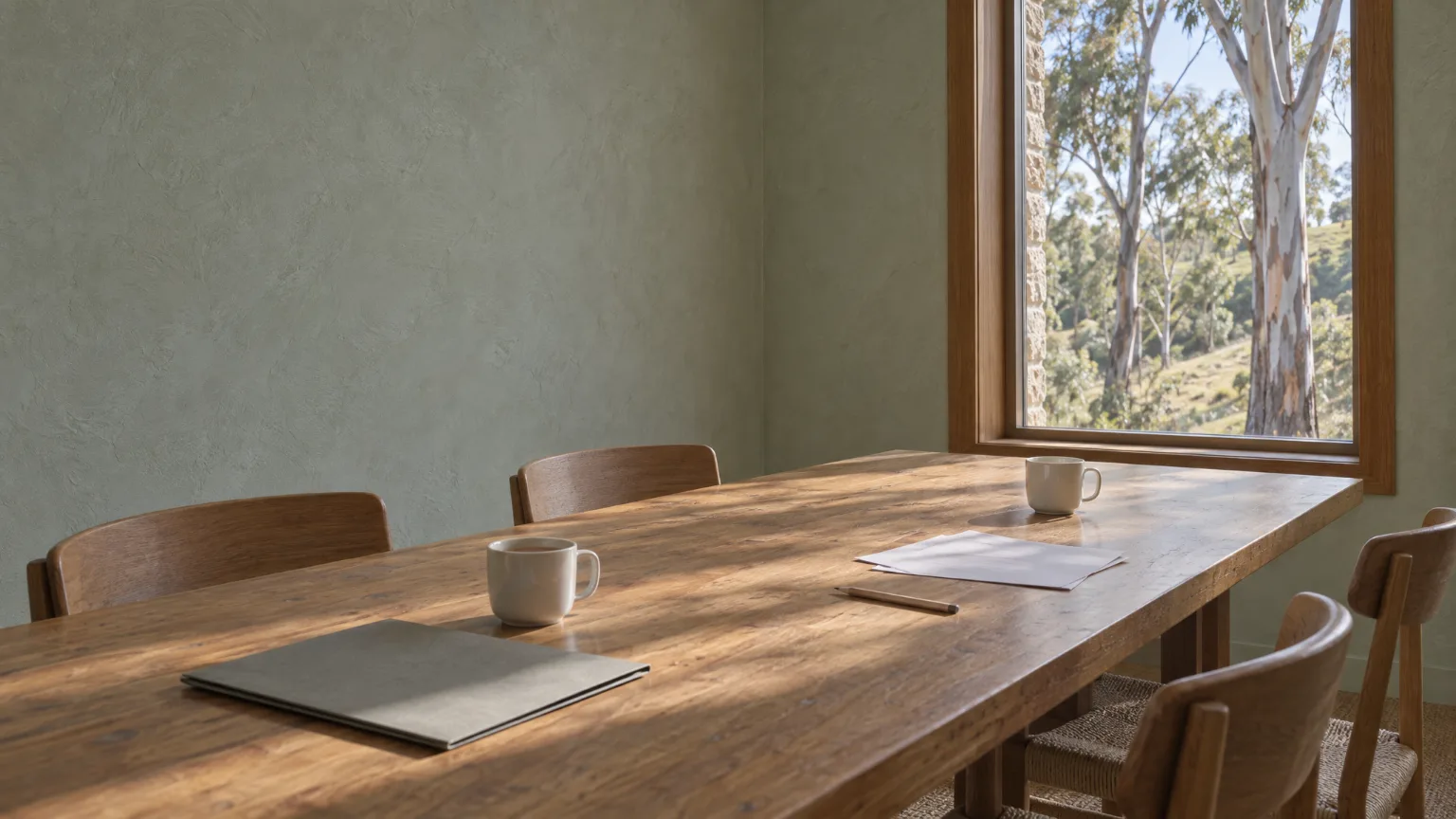 The practice’s long timber table by a tall window onto pale-trunked gums, two cups of tea and a closed folder in the morning light.