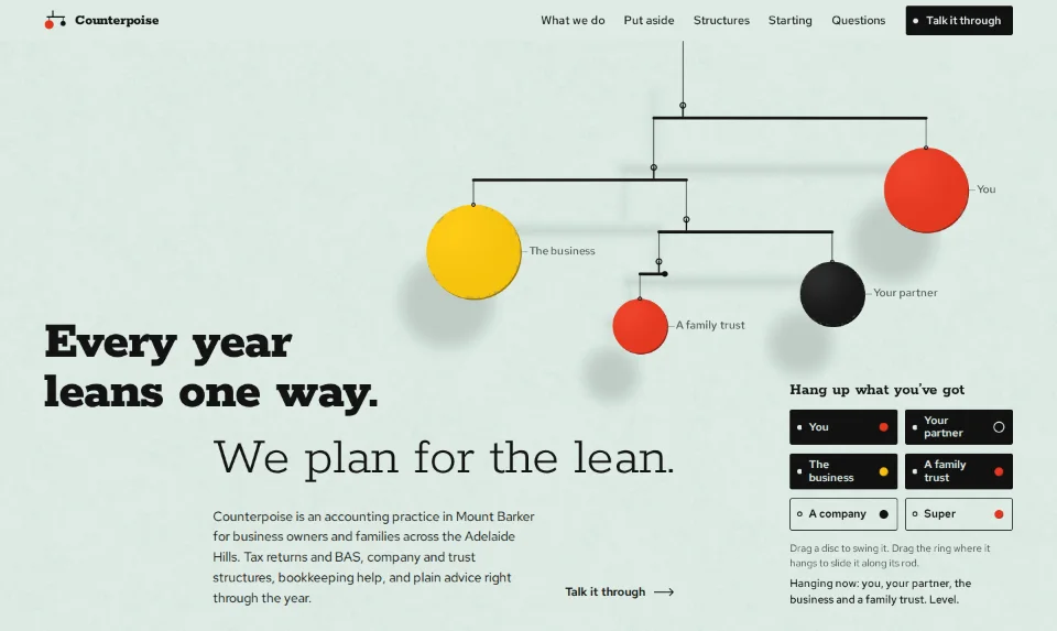 The front page: a steel mobile of vermilion, black and yellow discs casting soft shadows over a heavy slab headline