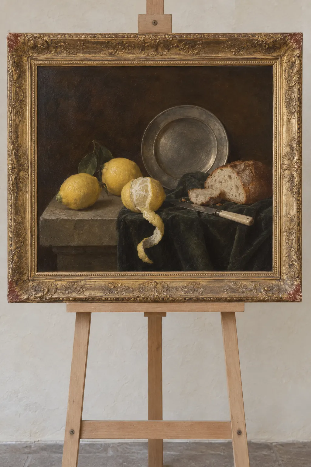 A still life of lemons, a pewter plate and a cut loaf in a worn gilt frame, standing on a timber easel against a pale wall