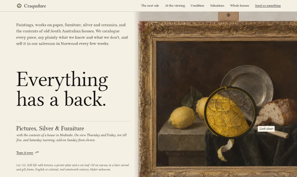 The front page: a still life on a saleroom easel cut by the right edge, a loupe over its paint, the headline low at left