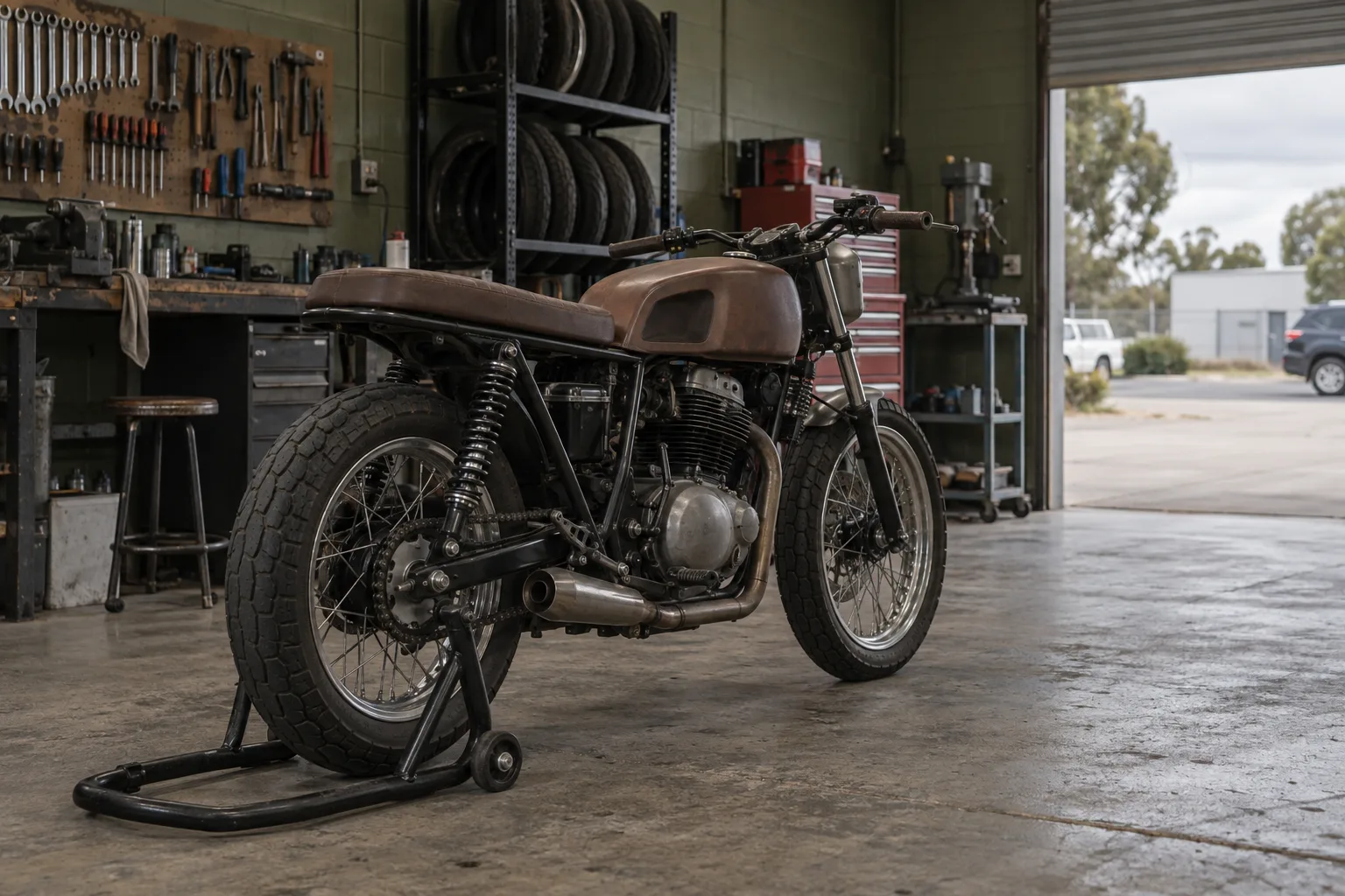 A café-style motorcycle on a paddock stand inside the workshop, the roller door half open to grey daylight.