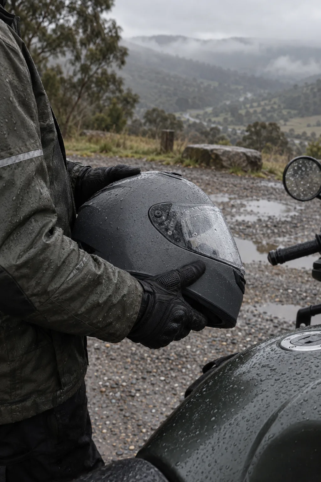 A rider’s gloved hands holding a rain-beaded helmet beside a wet motorcycle at a gravel pull-out.