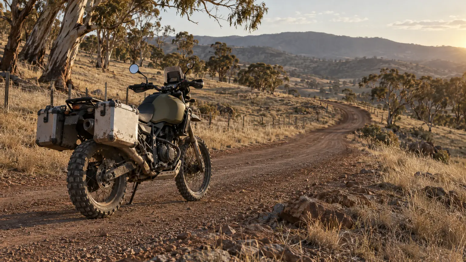 The adventure bike on the gravel range road, panniers on, the road bending away behind it.